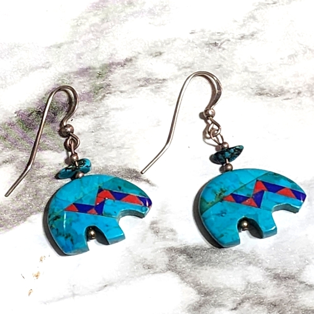 Vintage Sterling 925 Turquoise Fetish Bear Earring Lapis Coral Carved Stone